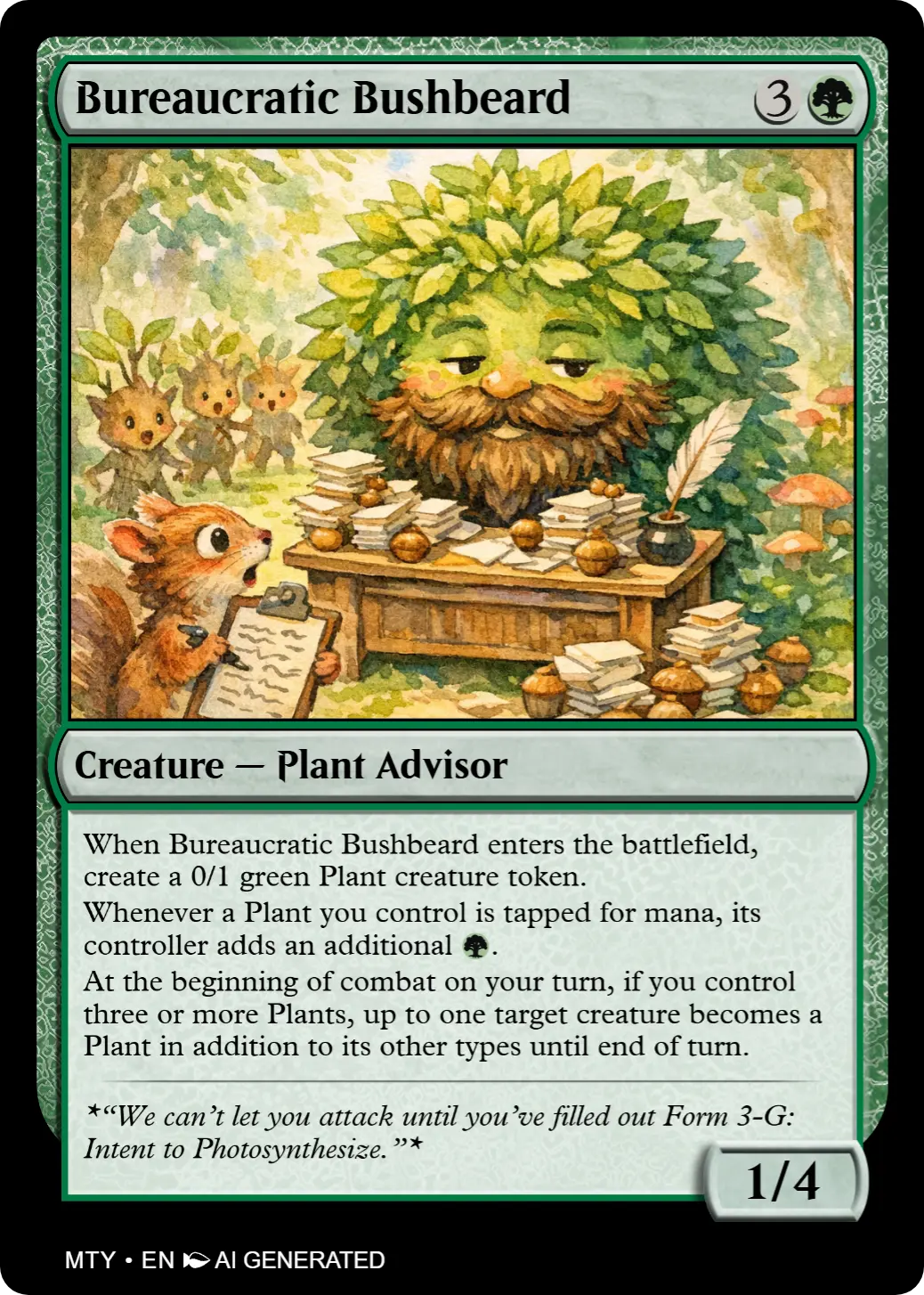 Bureaucratic Bushbeard — custom AI-generated Magic: The Gathering card